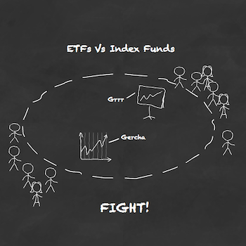 A fun ETFs vs index funds cartoon depicting two stock graphs squaring off in an arena.