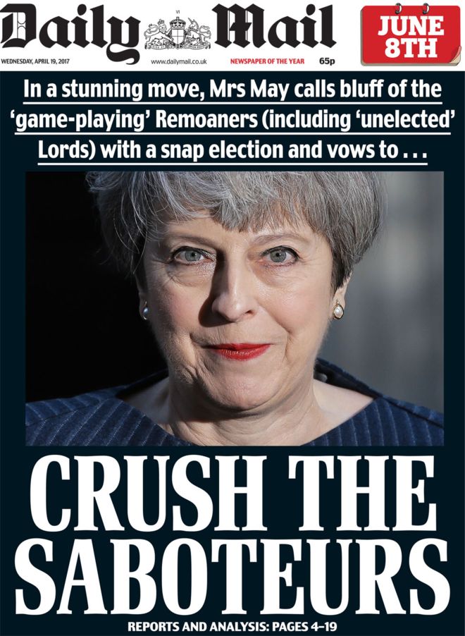 Daily Mail cover on May calling General Election 2017