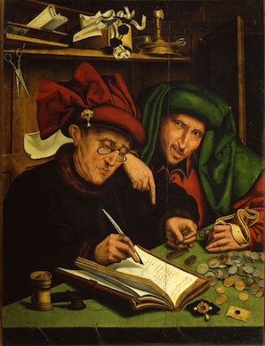 Painting: Two friends compare their investments.