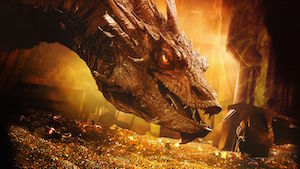 The dragon from The Hobbit hoarding his gold.