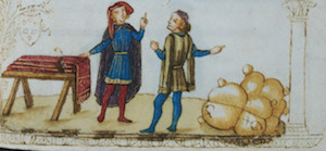 Image of two medieval traders, the pre-cursors to modern markets and brokers
