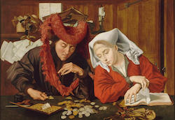 An oil painting of a couple counting their money.