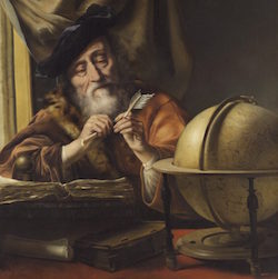 A classic old oil painting of a man studying a globe