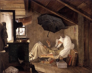 A classic old painting of an old man in bed in a garret.