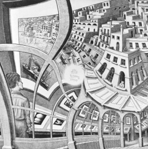 An Escher painting showing houses distorting as a metaphor for seeing mortgages through different financial lenses.