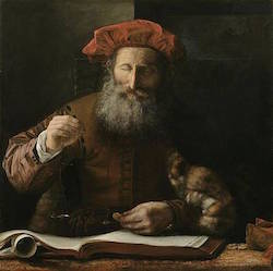 A classic painting of a man weighing and recording gold in a ledger.