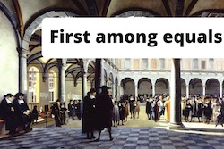 Image of a painting from the old Amsterdam Stock Exchange with text “First Among Equals”