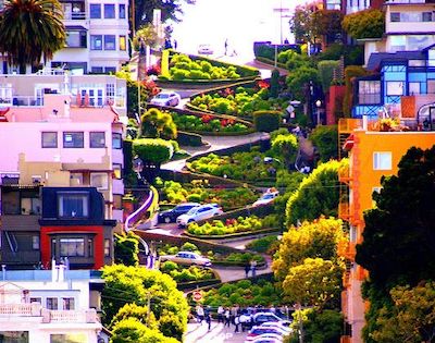 Photo of up and down Lombard Street in San Francisco as a metaphor for inflation.
