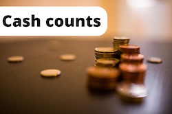 An image of some coins added up with the text cash counts