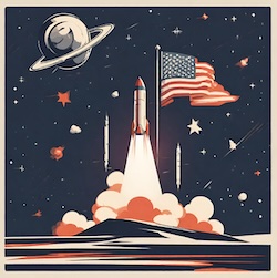 A cartoon of a US space rocket headed to the moon, to signify how US stocks are believed to go up and up