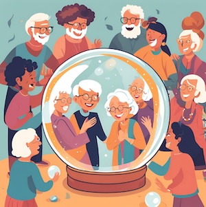 A cartoon of happy old people looking into a crystal ball and seeing happy old people