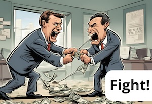 An image of two businessmen fighting over some money