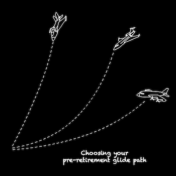 Retirement glide paths represented by three cartoons of planes nosediving