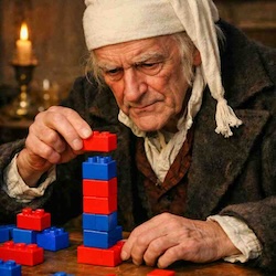 On old man plays with different coloured building blocks