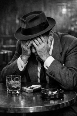 A man who looks a bit like Frank Sinatra with his head in his hands full of regret