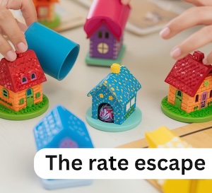Picture of some little houses and hands moving them around to stand in for remortgaging, with the caption “The Rate Escape”
