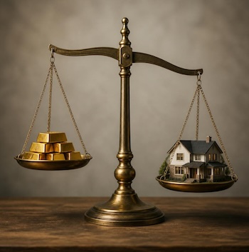 Weighing scales balancing gold vs a small house to represent deciding whether to save into pension or pay off mortgage