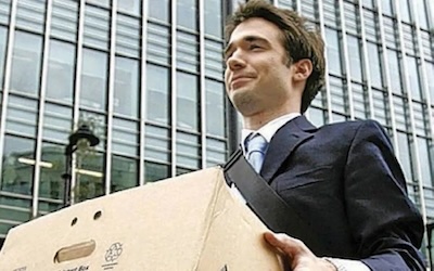 A photo of an ex-banker leaving his formerly gainful employer